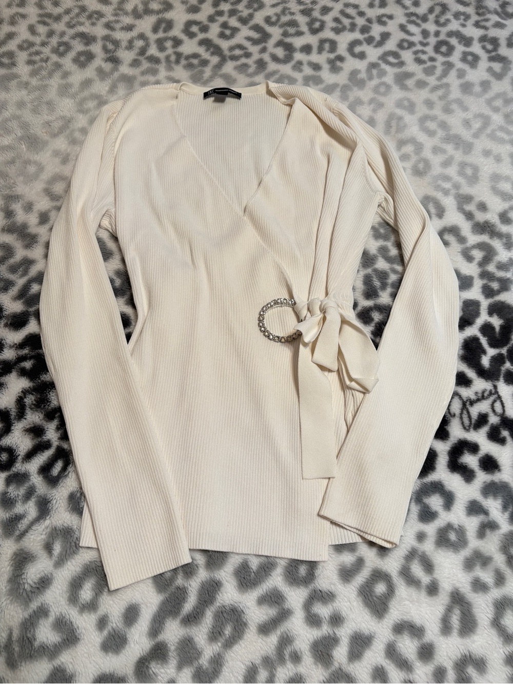 INC International Concept Cream Long Sleeve With Tie Detail And Rhinestone Buckl